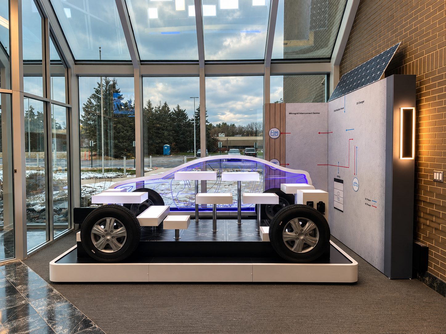 vehicle cutaway exhibit with labelled power flow panels