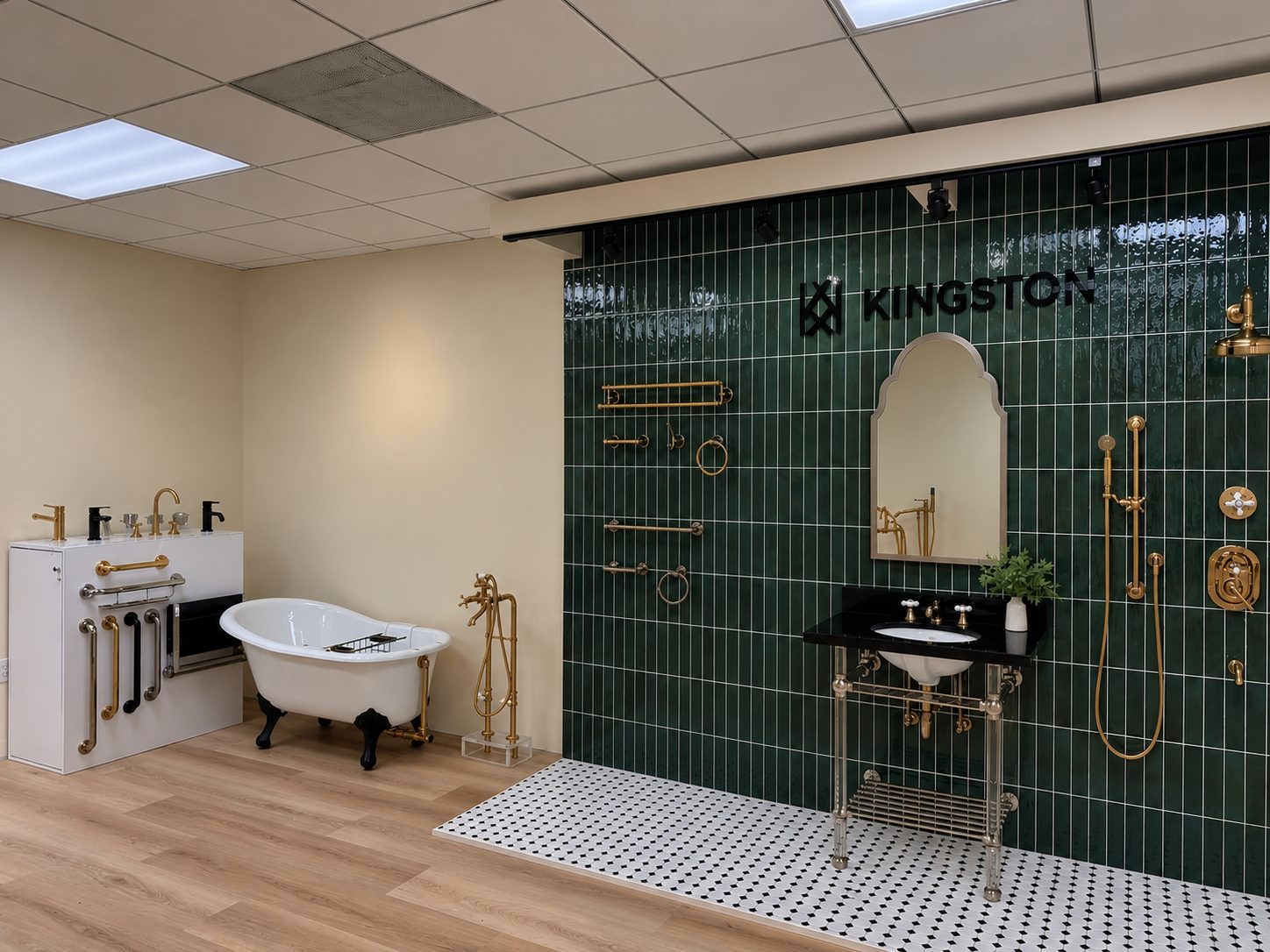 tiled brand vignette with brass fixtures