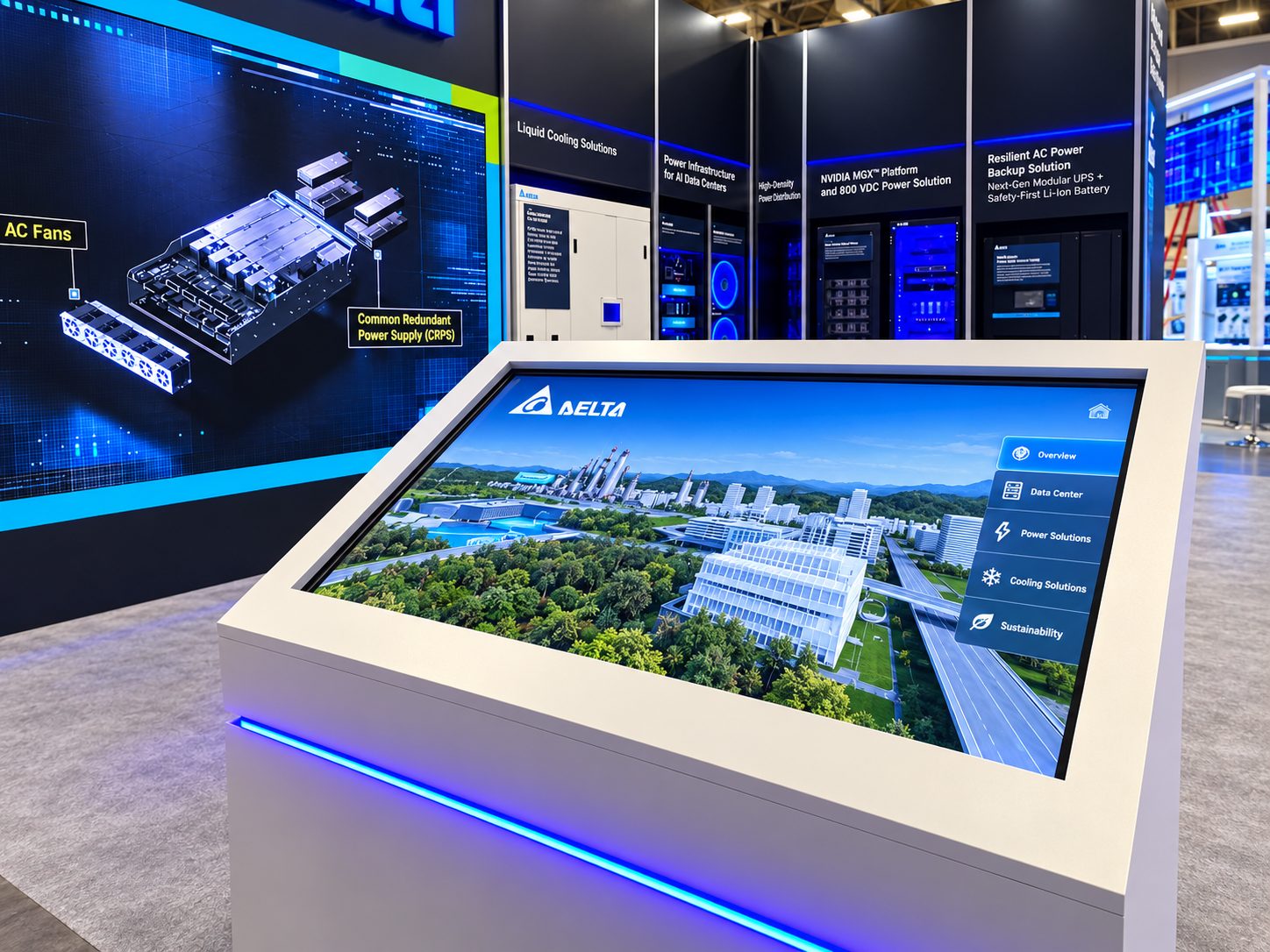 Delta sloped display beside printed solution panels