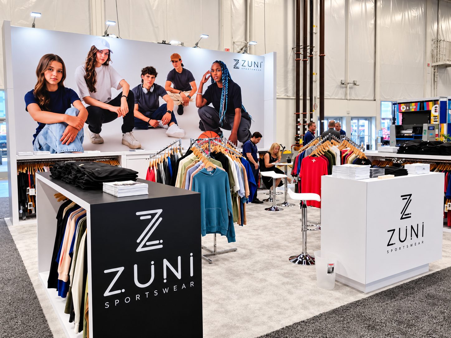 Zuni Sportswear racks and counters with apparel hanging on wooden hangers