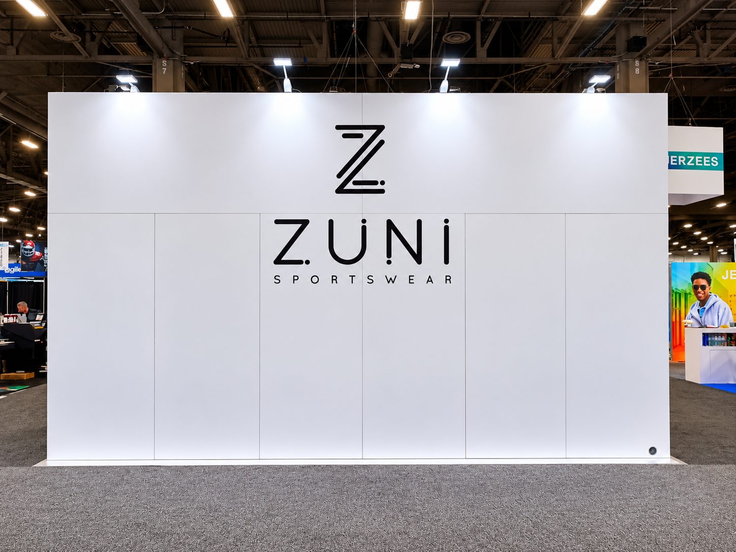 Zuni Sportswear wall from the rear with the logo centered on white panels